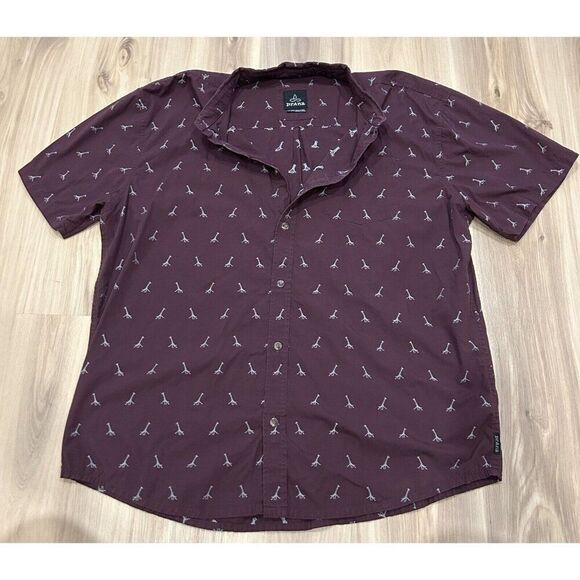 PRANA Men's XXL Short Sleeve Maroon Giraffe Embroidered 100% Organic Cotton - Picture 1 of 8